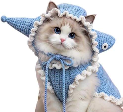 Fish Cat Hat, Cotton & Soft Cute Knitted Hats for Cats Birthday Party Spring Christmas Puppy Hat for Small Pets (Blue,M) by floofelove