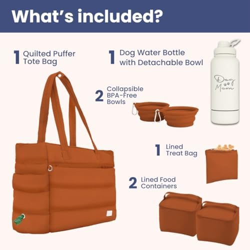 Rubyloo Dog Mom Essentials Bundle - Puffer Tote with Storage Containers (Rust) and 32 oz Water Bottle with Detachable Bowl (Dog Mom) - Travel Bag and Hydration Set - Image 2