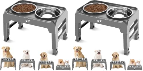 Elevated Bowls, 4 Height Adjustable Raised Stand with 2 Thick 50oz Stainless Steel Food Bowls, Non-Slip Feeder for Large Medium Dogs, Adjusts to 3.7", 9.2", 10.75", 12.36" Grey (Pack of 2) by COMESOON