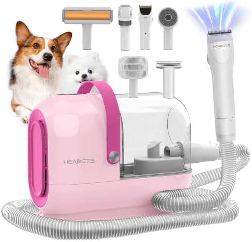 HEAPETS Dog Grooming Vacuum Kit - 3L Vacuum with 7 Tools, Low Noise Electric Clipper and Brush for Pet Shedding at Home, Pink by Heapets