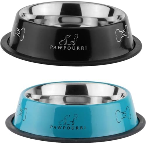 Stainless Steel Dog Bowl Pack of 2, Food & Water Bowl for Dogs, Durable Dog Feeding Bowl, Bowls for Medium Dogs, Easy to Clean, Anti-Skid Pet Bowl 24 oz (Black & Blue) by PAWPOURRI