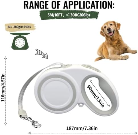 10-16FT,66LBS,Highly Reflective Retractable Dog Leash, M-Gray - Image 2