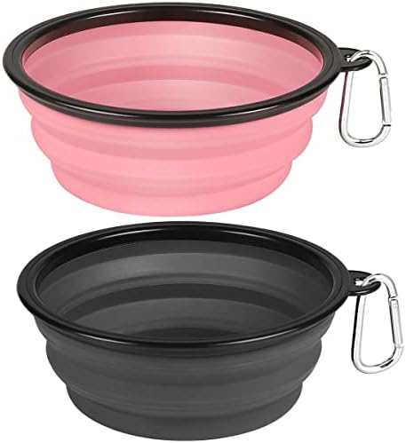 Kytely Large Collapsible Dog Bowls 2 Pack, 34oz Foldable Dog Travel Bowl, Portable Pet Water Food Bowl with Clasp, Pet Cat Feeding Cup Dish for Traveling, Walking, Hiking (Pink+Grey) by Kytely