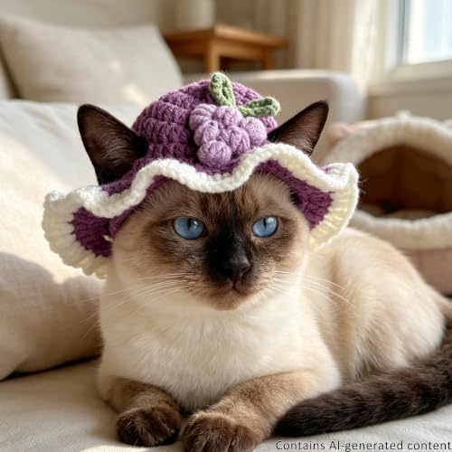 Grape Cat Hat, Cotton & Soft Cute Knitted Hats for Cats Birthday Party Spring Christmas Puppy Hat for Small Pets (Purple,M) - Image 6