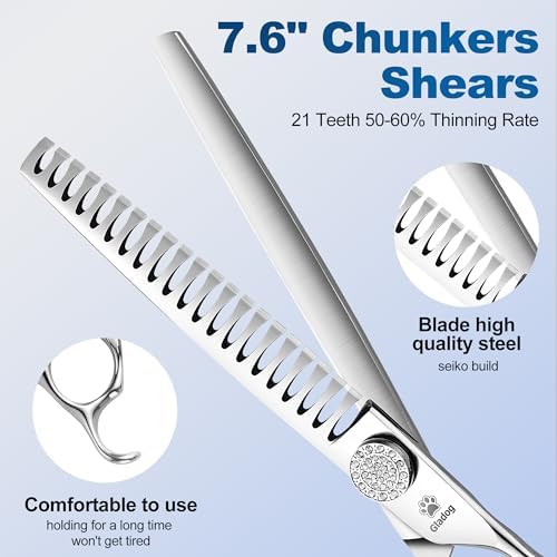 GLADOG Luxury Dog Grooming Scissors Set - 7" Straight, 6.5" Thinning, 7" Chunkers, 7" Curved - 9CR Steel, Silver Luxe, Right Hand, Plastic Handle, 4 Count - Image 5