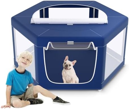 XVISHX 45x45 Inches Hexagonal Type Puppy Playpen, Dog Playpen for Puppies or Small Dogs, DogFence Pet Playpen for Indoor & Outdoor, Sturdy Safety Dog Pen with Thickened Fabric, Breathable Mesh by XVISHX