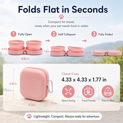 Portable Dog Bowl, Collapsible 2-in-1 Travel Dog Bowls with Carabiner Clip, Silicone Double Pet Food and Water Dish for Outdoor Camping and Hiking (Pink) - Image 3