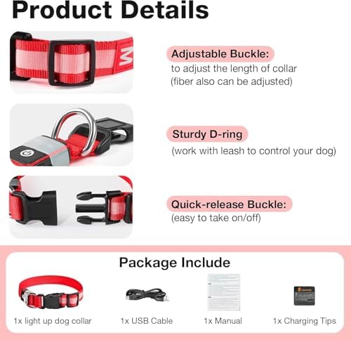 PcEoTllar Light up Dog Collar, Safe for Night Walking, Adjustable, Red, L - Image 4