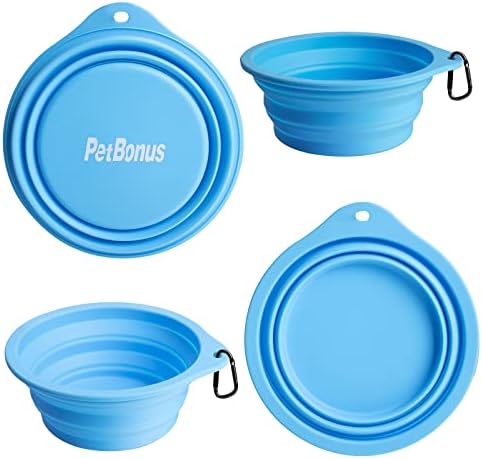 PetBonus 2-Pack Silicone Collapsible Dog Bowls, BPA Free Dishwasher Safe, Portable Foldable Expandable Travel Bowl, Food Water Feeding Cup Dish for Dogs Cats with 2 Carabiners (Light Blue & Green) - Image 2