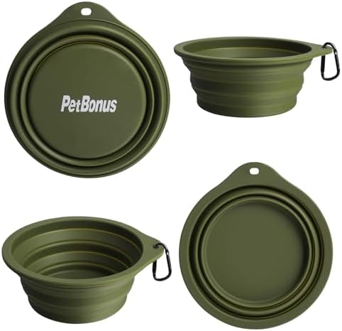 PetBonus 2-Pack Large Silicone Collapsible Dog Bowls, 34oz/1000ml BPA Free Portable Foldable Travel Bowl for Pet Cat, Food Water Feeding Dish for Camping with 2 Carabiners (Army Green, Blue) - Image 2