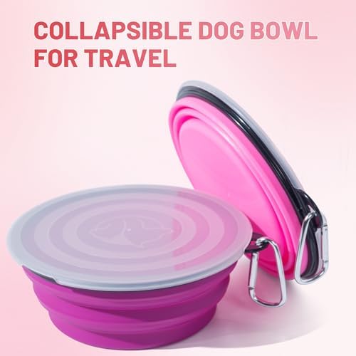 SLSON Dog Bowls Pet Collapsible Bowl with Cover Lids,2 Pack Dog Travel Bowls Portable Foldable Cat Water Dish Bowl for Pets Walking Parking Camping (Pink and Purple, Large) - Image 2
