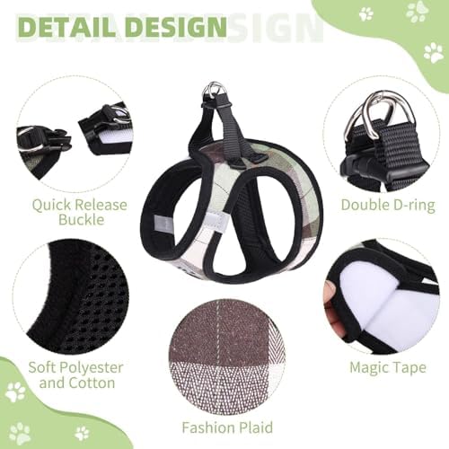 KOOLTAIL Dog Harness and Leash Set for Small Medium Dogs, Step in No Pull Soft Mesh Dog Harness Comfort Padded Pet Vest, Adjustable Reflective Easy Walking Puppy Cats Harness Training, Plaid Green XS - Image 2