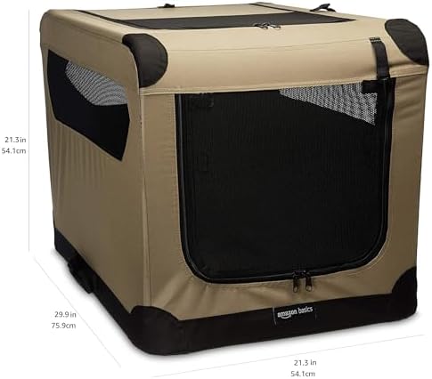 Amazon Basics Portable Folding Soft Dog Crate, Double Door, Collapsible Travel Kennel, Easy to Assemble, Medium, 29.92" x 21.3" x 21.3", Tan - Image 2