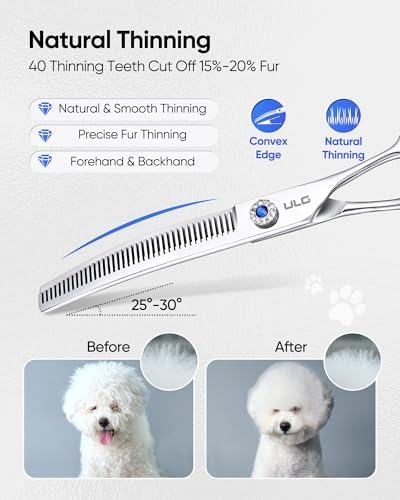 ULG Curved Thinning Dog Shears for Grooming, 7 Inch Professional for Blending, 40-Tooth 15%-20% Rate 440C Stainless Steel - Image 3