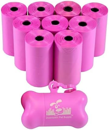 Downtown Pet Supply Poop Bags for Dogs with Dispenser, 180 Count - Leak-Proof Dog Waste Bags and Bone-Shaped Dog Poop Bags Holder for Leash - Pink, 12.5" x 8.5" by DowntownPetSupply