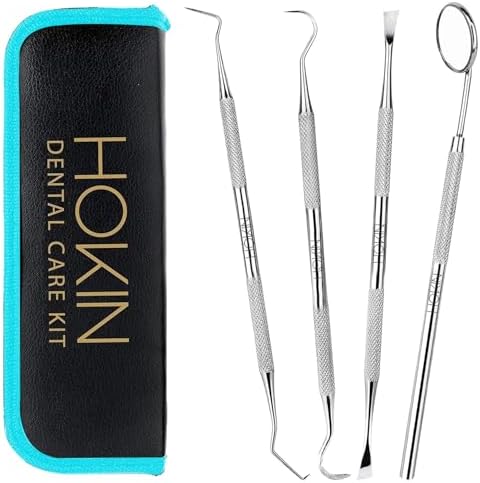 HOKIN Dental Tools Plaque Remover Teeth Cleaning Tool 4 Pcs Dental Care Kit Tooth Filling Repair Set Stainless Steel Dental Tools for Men Women Kids and Pet Care (Aqua Blue) by HOKIN
