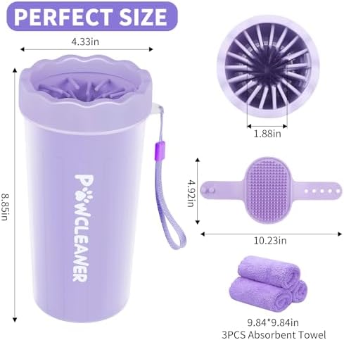 Professional 7 in 1 Dog Paw Cleaner for Dogs & Cats - Includes 1 Portable Paw Washer, 1 Bath Brush, 2 Dog Toothbrushes and 3 Absorbent Towels Note: Fits Paws 2.5 to 3.5 Inches Wide (Large, Purple) - Image 6