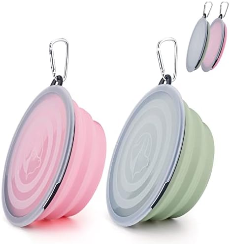 SLSON Dog Bowls Pet Collapsible Bowl with Cover Lids,2 Pack Dog Travel Bowls Portable Foldable Cat Water Dish Bowl for Pets Walking Parking Camping (Fairy Pink and Sprout Green, Large) by SLSON