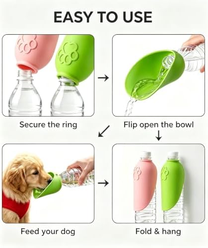 2 Pack Silicone Dog Water Bottle Attachment, Portable Slip-On Pet Water Bowl, Fits Standard Water Bottles for Walking Hiking Travel, Pink & Green - Image 4