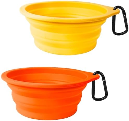 PetBonus 2-Pack Large Silicone Collapsible Dog Bowls, 34oz/1000ml BPA Free Portable Foldable Travel Bowl for Pet Cat, Food Water Feeding Dish for Camping with 2 Carabiners (Orange, Yellow) by Petbonus