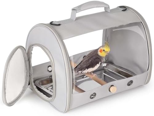 Bird Carrier, Portable Small Bird Parrot Parakeet Carrier with Standing Perch and Stainless Steel Tray, Side Access Window Collapsible (Grey, Cylinder Design - Clear) by halinfer