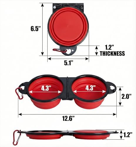 Double Collapsible Dog Bowls for Travel, Food and Water Set with Clip，Red - Image 3