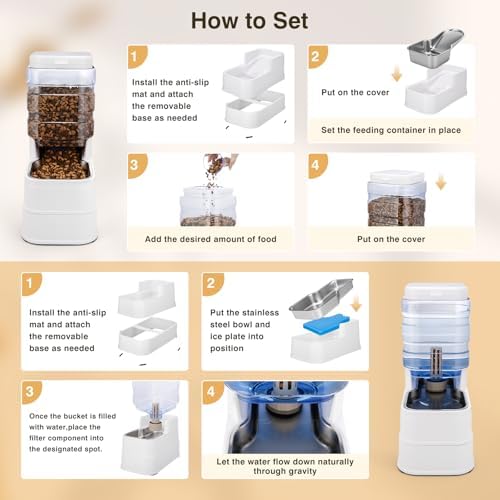 2 Pack Automatic Cat Feeder and Water Dispenser 1.3Gallon Dog Gravity Food Feeder and Water with Ice Pack Stainless Steel Dry Food and Waterer Bowl for Small Medium Large Pets (White) - Image 4
