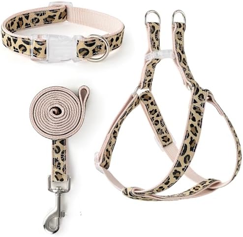 Mile High Life Leopard Dog Harness Collar Leash Set, Adjustable No Pull Dog Halter Harness for Small Breed Dogs, Easy Control for Training Walking (Beige, S Chest 11"-18", Neck 10"-14") by MileHighLife
