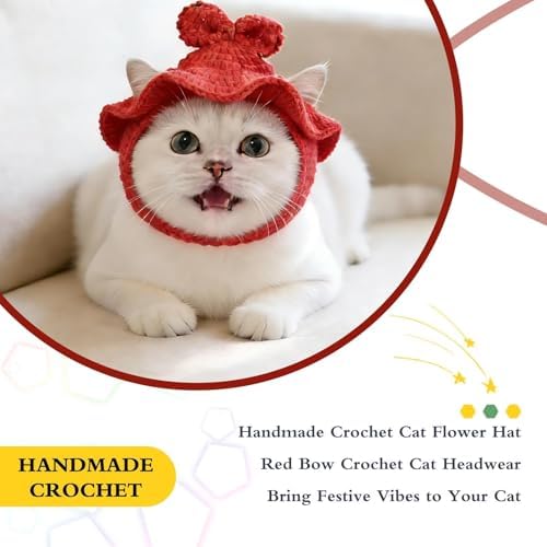 Bow Cat Hat, Cotton & Soft Cute Knitted Hats for Cats Birthday Party Spring Christmas Puppy Hat for Small Pets (Red, M) - Image 4
