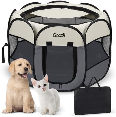 Goozii Pet Cat Playpen for Indoor Cats Enclosed, Puppy Dog Play Pen for Outdoor Travel Camping (Medium Size, Beige & Dark Grey) by Goozii