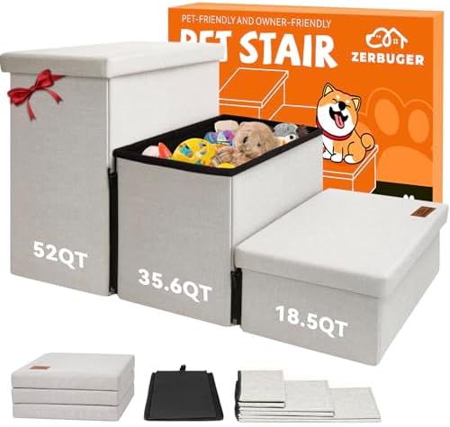 Zerbuger Dog Stairs with Storage, Beige 3 Steps Dog Ramp no Condo for Bed by Zerbuger