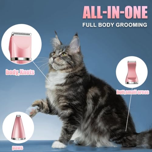 Cat Grooming Clippers Kit with Paw Trimmer, 3 in 1 Electric Pet Hair Trimmer Supplies for Thick Matted Hair, Heavy Coat Butt Shaver Cat Razor Fur Trimmer for Dogs at Home (Pink) - Image 2