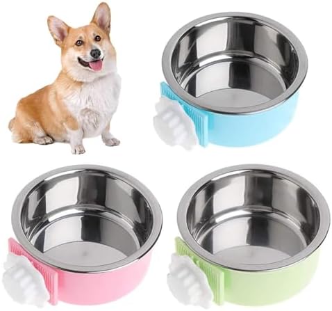 kathson Crate Dog Bowl, Removable Stainless Steel Hanging Pet Cage Bowl Food & Water Feeder Coop Cup for Cat, Puppy, Birds, Rats, Guinea Pigs (3 PCS, Size: L, Blue, Green, Pink) by kathson