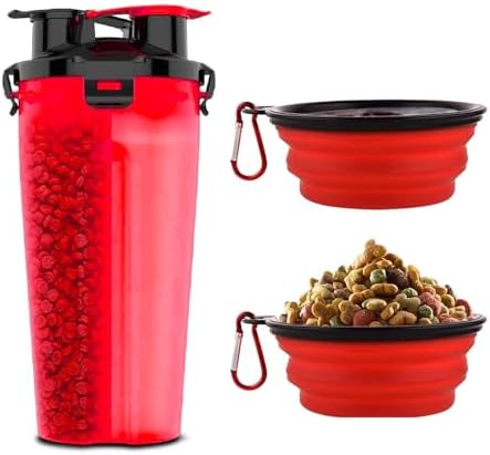 Dog Travel Water Bottle W/Collapsible Bowls - Portable 2 in 1 Leakproof Pet Water Bottle Food Container Ideal for Travel, Outdoor Portable Water Bowls for Walking, Camping & Hiking - (Red) by TRAVELINGTOTS