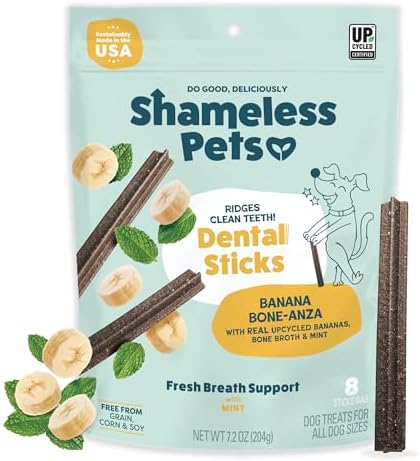 Shameless Pets Dental Treats for Dogs, Banana Bone-Anza - Healthy Dental Sticks with Hip & Joint Support for Teeth Cleaning & Fresh Breath - Chews Free from Grain, Corn & Soy by SHAMELESSPETS