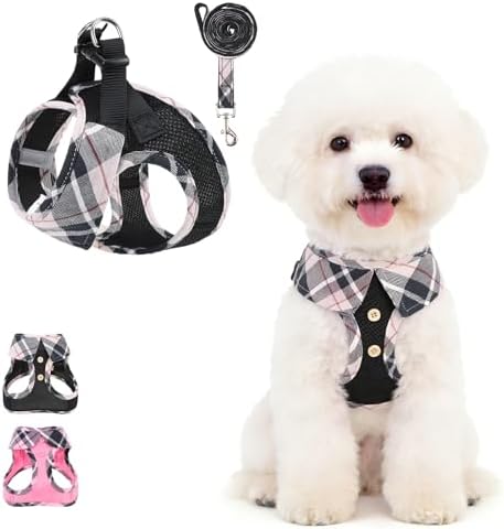 KOOLTAIL Small Dog Harness and Leash Set, Cute Puppy Harness, Step in No Pull Soft Mesh Pet Vest Harness Collar for Small Size Dogs Cats Boy Girl, Plaid Dog Halters for Outdoor Walking, Beige S by KOOLTAIL