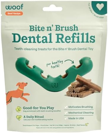 WOOF Bite n' Brush Dog Dental Sticks, Refills for Chew Toy, Beef, 18 Count by Woof