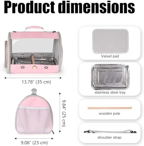 Bird Carrier, Portable Small Bird Parrot Parakeet Carrier with Standing Perch and Stainless Steel Tray, Side Access Window Collapsible (Pink, Cylinder Design - Clear) - Image 2