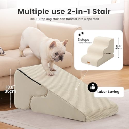 Gardner Pet Dog Stairs for Small Dogs 16.5" H, 2 in 1 Transformable 3-Step Pet Stairs and Dog Ramp for Couch (13-20 in), Beige Adjustable Pet Steps with Non-Slip Waterproof Cover and CertiPUR-US Foam - Image 2