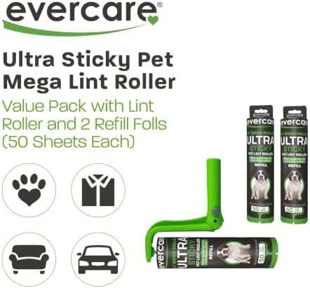 Evercare Ultra Sticky Pet Mega Lint Roller Value Pack, Manual Clothes & Furniture Cleaner with Handle and 2 Refills, 50 Sheets Each - Image 2