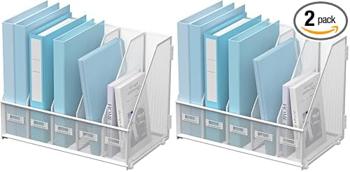 SUPEASY Desk Organizers Metal Desk Magazine File Holder with 5 Vertical Compartments Rack File Organizer for Office Desktop, Home Workspace, White (Pack of 2) by SUPEASY