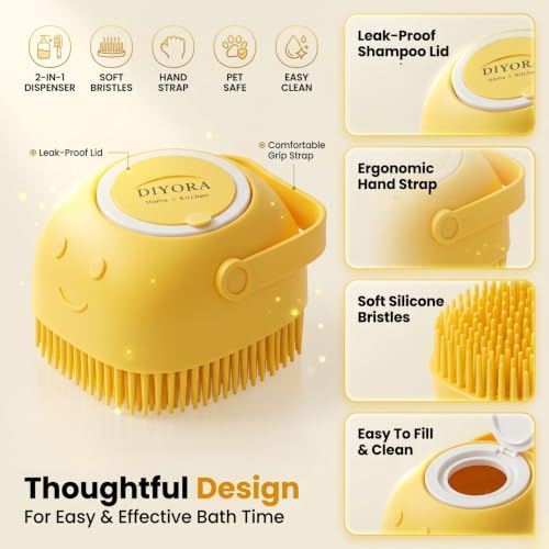 DIYORA Pet Shampoo Brush, 2-in-1 Silicone Bath Brush with Soap Dispenser for Dogs & Cats, Grooming, Massaging, Shedding & Deep Cleaning Tool for Short Hair, Long Hair & Small Pets(Yellow) - Image 4