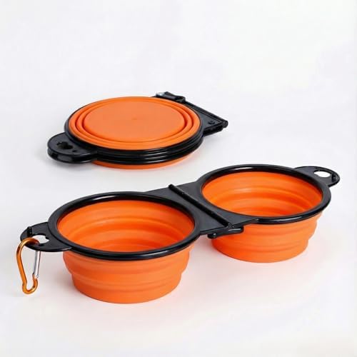 Double Collapsible Dog Bowls for Travel, Food & Water with Clip, Orange - Image 2