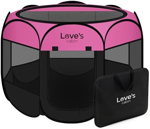 Love's cabin Pet Puppy Dog Playpen, Medium Dog Tent Crates Cage Indoor/Outdoor, Portable Playpen for Cat, Foldable Pop Up Dog Kennel Playpen with Carring Case, Removable Zipper Top, Pink by Lovescabin