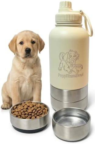 Dog Travel Water Bottle with Bowl – PuppiLovePets 3-in-1 Portable Dog Water Bottle 32oz, Stainless Steel, 2 Detachable Cups, Leak-Proof, BPA-Free – Hiking, Walking & Camping – Ivory by PuppiLovePets
