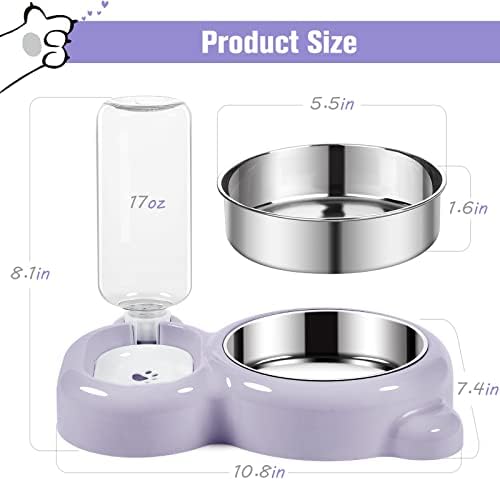 Dog Bowls, Cat Food and Water Bowl Set with Water Dispenser and Stainless Steel Bowl for Cats and Small Dogs - Purple - Image 5