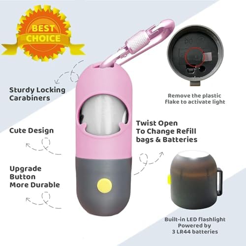 Dog Poop Bag Dispenser with Built-in LED Flashlight and Metal Clip for Leash, Pet Waste Bag Holder, Dog Walking Accessory (Pink) - Image 2