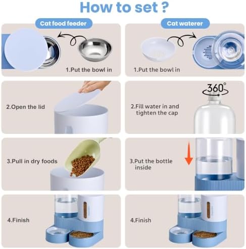 Automatic Cat Feeder Stainless Steel Water Dispenser Gravity Food Feeder and Waterer Set with Pet Food Bowl for Small Medium Kitten Puppy Pets Large Capacity(Blue) - Image 5