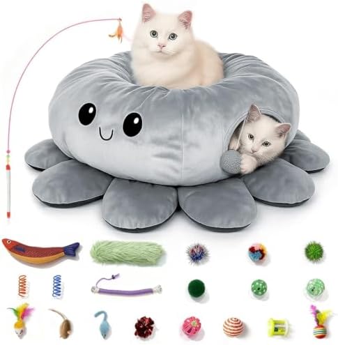 Cat Tunnel Bed for Indoor Cats, Peekaboo Cat Cave Bed, Grey by FortheHeartbeatinYourLap