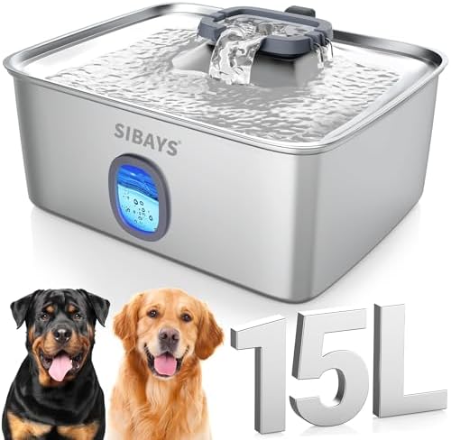 SIBAYS 4Gal/15L Large Dog Water Fountain, Stainless Steel Pet Fountain with Water Window & LED Light, Ultra Quiet Automatic Dog Water Bowl Dispenser for Large Dogs & Multi-pet, Easy to Clean FS76 by SIBAYS